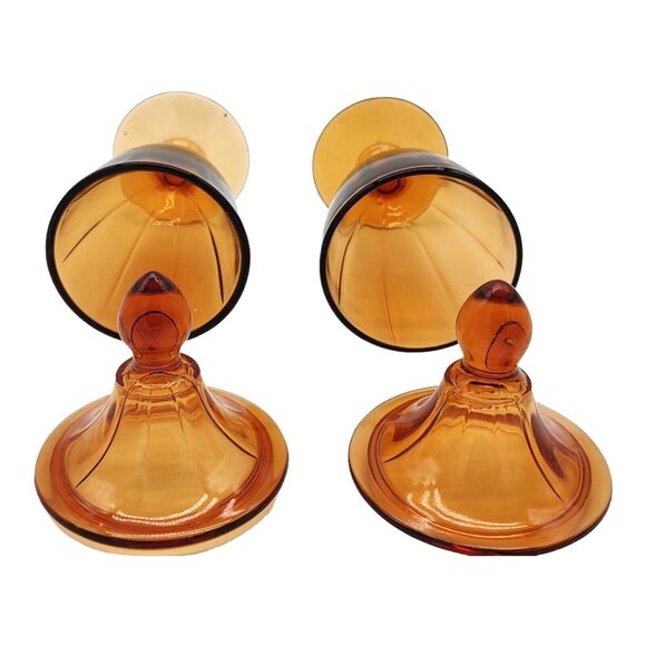 Vintage Mid Century Cambridge Amber Glass Compote Candy Dishes Pair - 8.5" Tall - Picture 9 of 14
